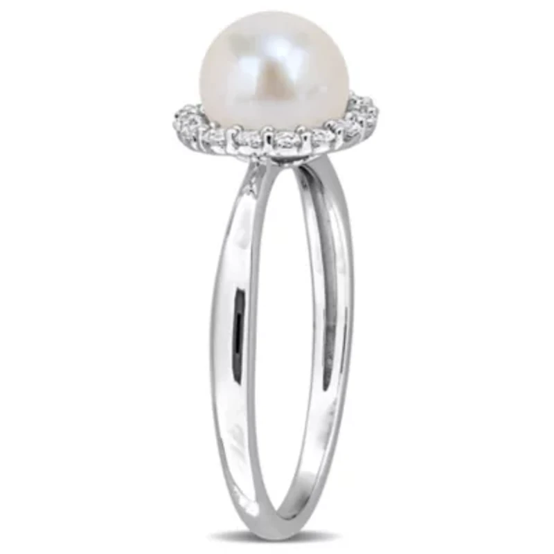 Lab Created 7-7.5mm Freshwater Cultured Pearl & White Sapphire Ring in Sterling Silver