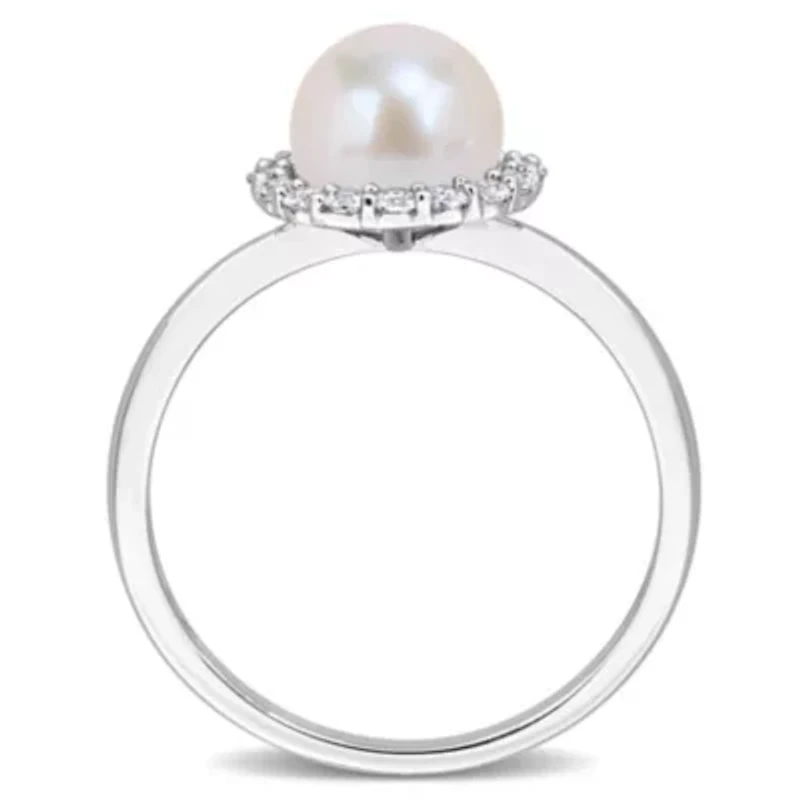 Lab Created 7-7.5mm Freshwater Cultured Pearl & White Sapphire Ring in Sterling Silver