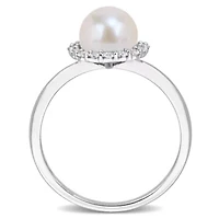 Lab Created 7-7.5mm Freshwater Cultured Pearl & White Sapphire Ring in Sterling Silver