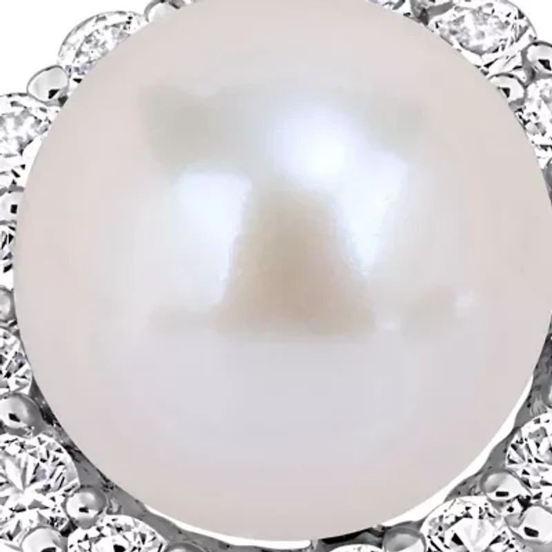 Lab Created 7-7.5mm Freshwater Cultured Pearl & White Sapphire Ring in Sterling Silver