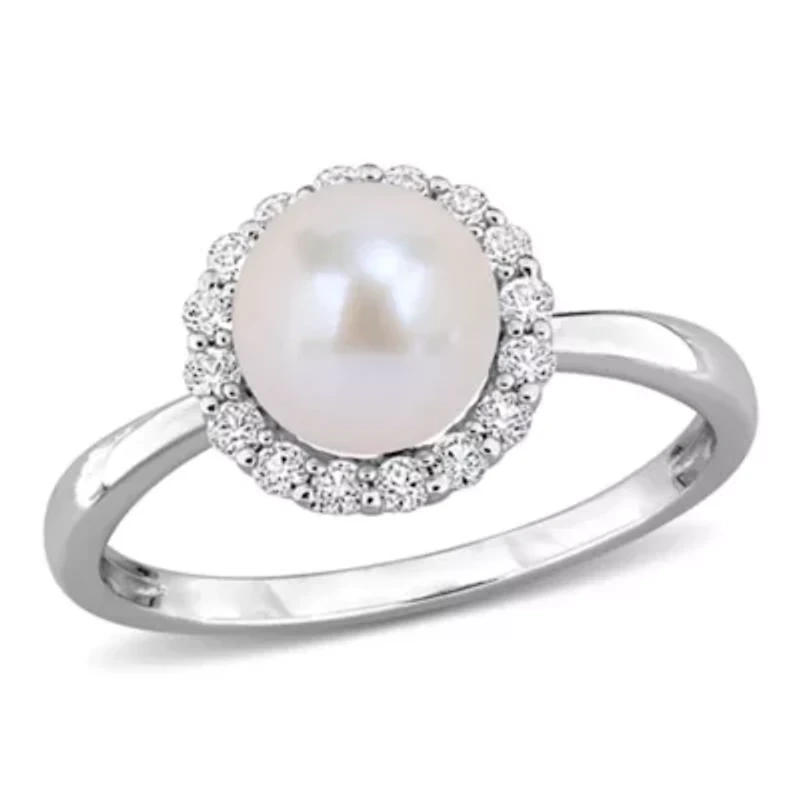 Lab Created 7-7.5mm Freshwater Cultured Pearl & White Sapphire Ring in Sterling Silver