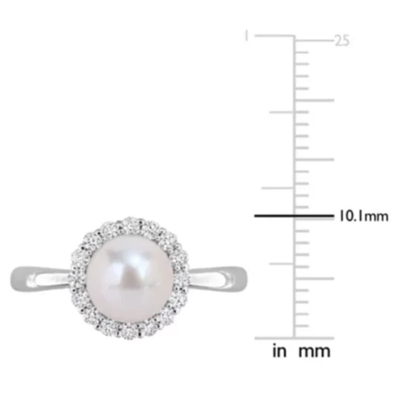Lab Created 7-7.5mm Freshwater Cultured Pearl & White Sapphire Ring in Sterling Silver