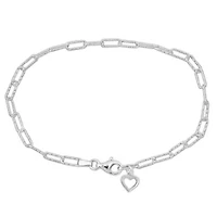 3mm Fancy Cut Oval Link Bracelet & Heart Charm in Sterling Silver 7.5 inch