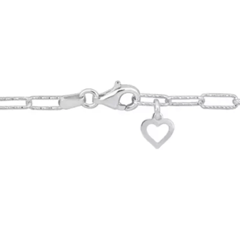 3mm Fancy Cut Oval Link Bracelet & Heart Charm in Sterling Silver 7.5 inch