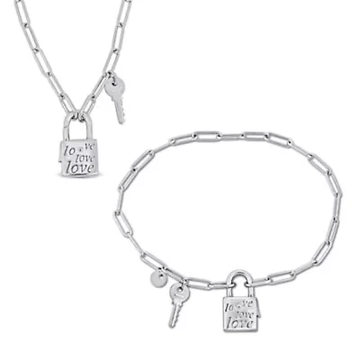 Paper Clip Link Charm Lock And Key Clasp Necklace And Bracelet Set in Sterling Silver - 18 inch & 7.5 inch