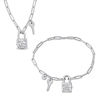 Paper Clip Link Charm Lock And Key Clasp Necklace And Bracelet Set in Sterling Silver - 18 inch & 7.5 inch
