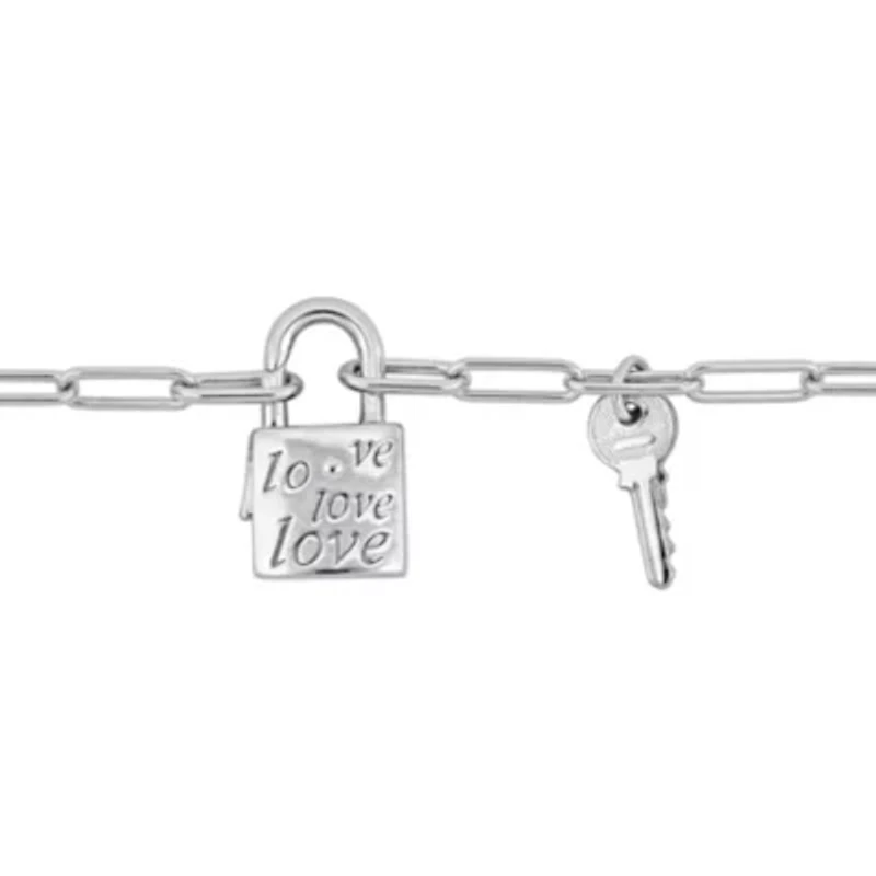 Paper Clip Link Charm Lock And Key Clasp Necklace And Bracelet Set in Sterling Silver - 18 inch & 7.5 inch