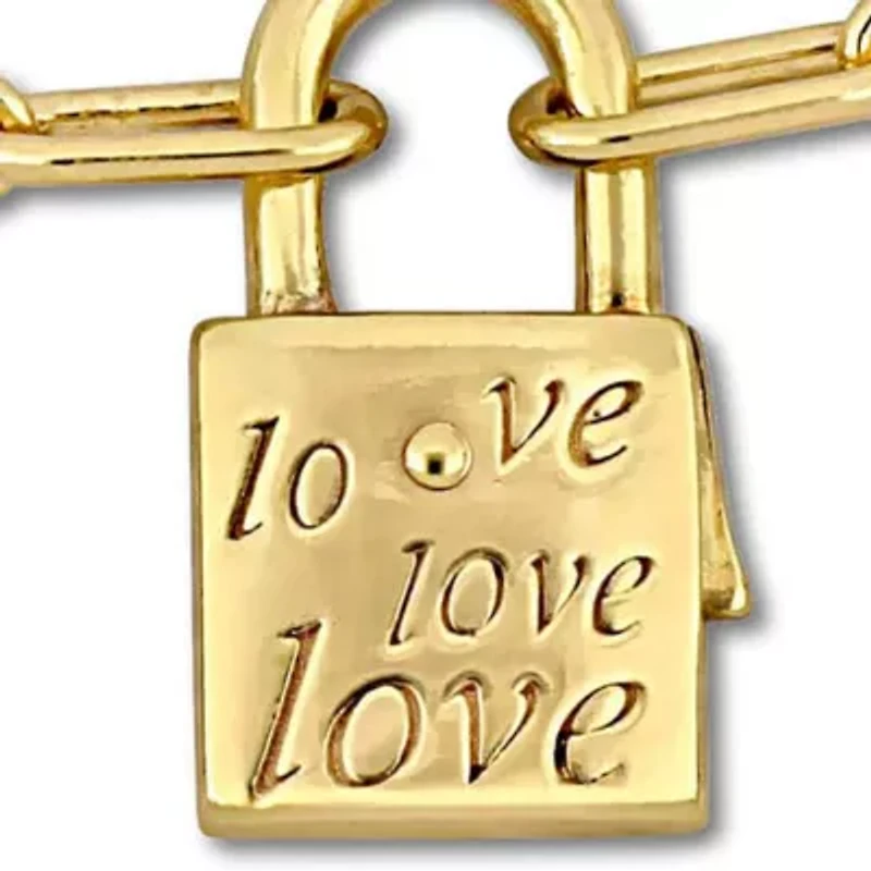 Paper Clip Link Charm Lock And Key Clasp Necklace And Bracelet Set in Yellow Plated Sterling SIlver - 20 inch & 7.5 inch