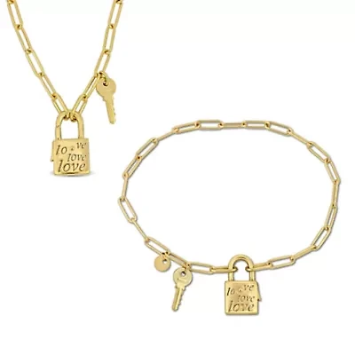 Paper Clip Link Charm Lock And Key Clasp Necklace And Bracelet Set in Yellow Plated Sterling SIlver - 20 inch & 7.5 inch