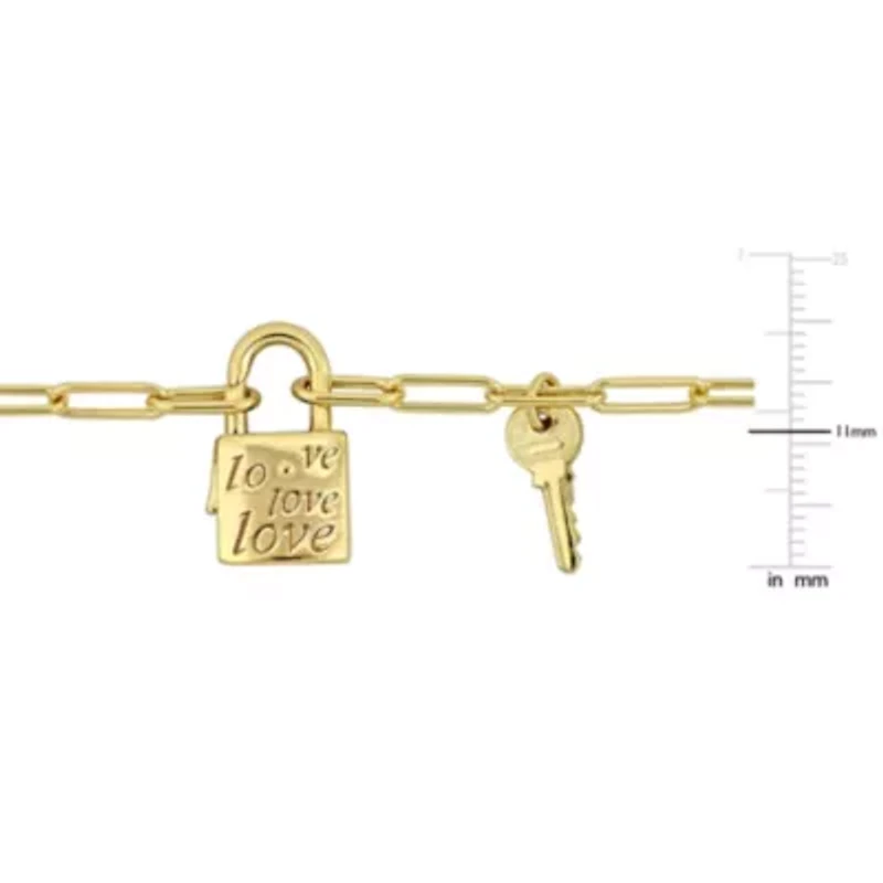 Paper Clip Link Charm Lock And Key Clasp Necklace And Bracelet Set in Yellow Plated Sterling SIlver - 20 inch & 7.5 inch