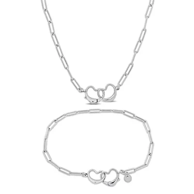 Paper Clip Link Necklace And Anklet Double Heart Clasp Set in Sterling Silver - 20 in & 9 in