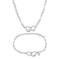 Paper Clip Link Necklace And Anklet Double Heart Clasp Set in Sterling Silver - 20 in & 9 in