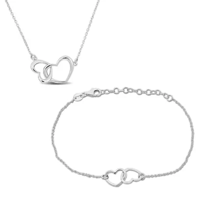 Double Heart Charm Necklace And Bracelet Set in Sterling Silver - 16.5+1In & 7+1 inch