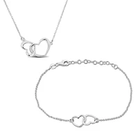 Double Heart Charm Necklace And Bracelet Set in Sterling Silver - 16.5+1In & 7+1 inch