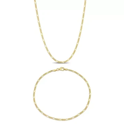 2.2mm Figaro Chain Necklace And Anklet Set in Yellow Plated Sterling SIlver - 16 inch & 9 inch