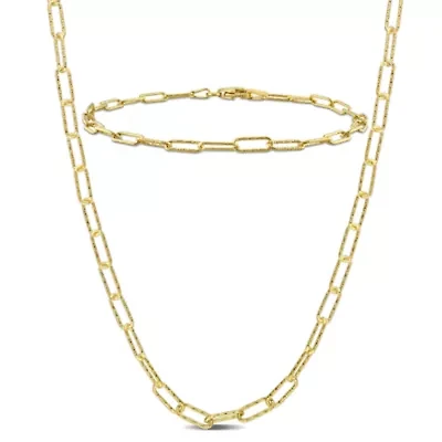 3mm Paperclip Chain Necklace And Bracelet Set in Yellow Plated Sterling SIlver - 16 in & 7in