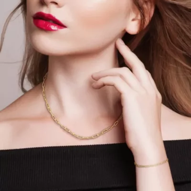 3mm Paperclip Chain Necklace And Bracelet Set in Yellow Plated Sterling SIlver - 16 in & 7in