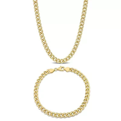 6.5mm Curb Link Chain Necklace And Anklet Set in Yellow Plated Sterling SIlver - 20 inch & 9 inch