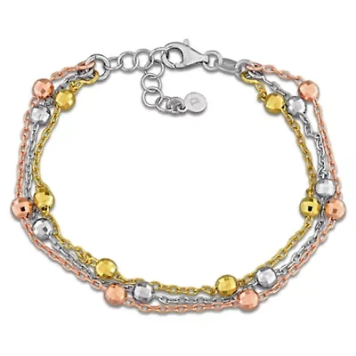 3 Row Curb Link Facetted Bead Bracelet in Tri-tone Silver - 6.5"+1"