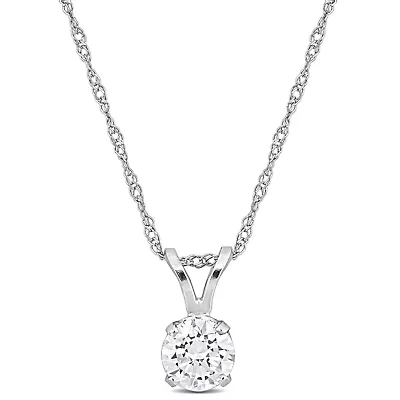 Lab Grown Diamond Solitaire Pendant With Chain in 14k White Gold- 17 in