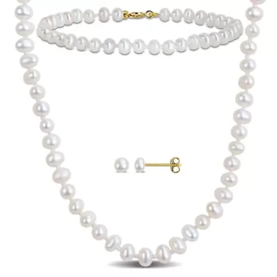 Baby Set of 3-4mm Freshwater Cultured Pearl Necklace, Bracelet & Earrings in 10K Yellow Gold