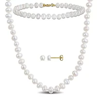 Baby Set of 3-4mm Freshwater Cultured Pearl Necklace, Bracelet & Earrings in 10K Yellow Gold