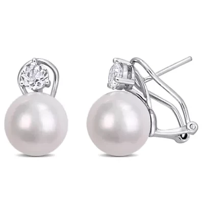 11-12mm Freshwater Cultured Pearl & White Topaz Clip Back Earrings in Sterling Silver