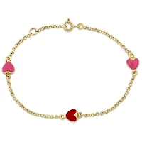 Kid's Pink & Red Enamel Heart Charm Bracelet in 14K Yellow Gold- 6.5 + 0.5" Ext.