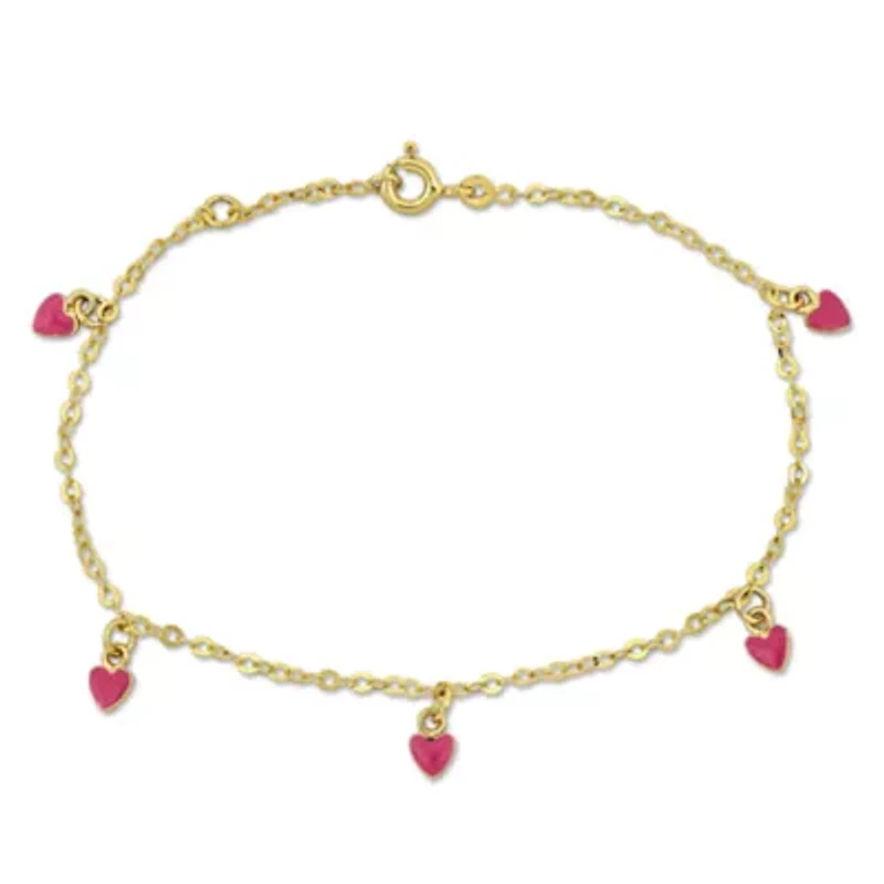 Kid's Pink Heart Charm Bracelet in 14K Yellow Gold - 6.5 + 0.5" Ext.