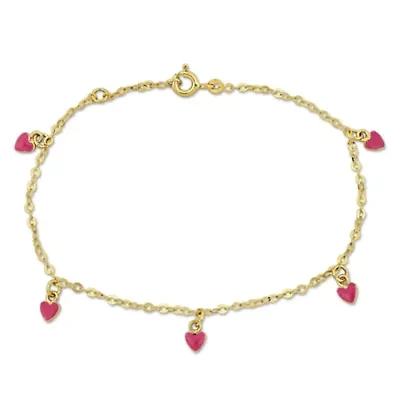 Kid's Pink Heart Charm Bracelet in 14K Yellow Gold - 6.5 + 0.5" Ext.