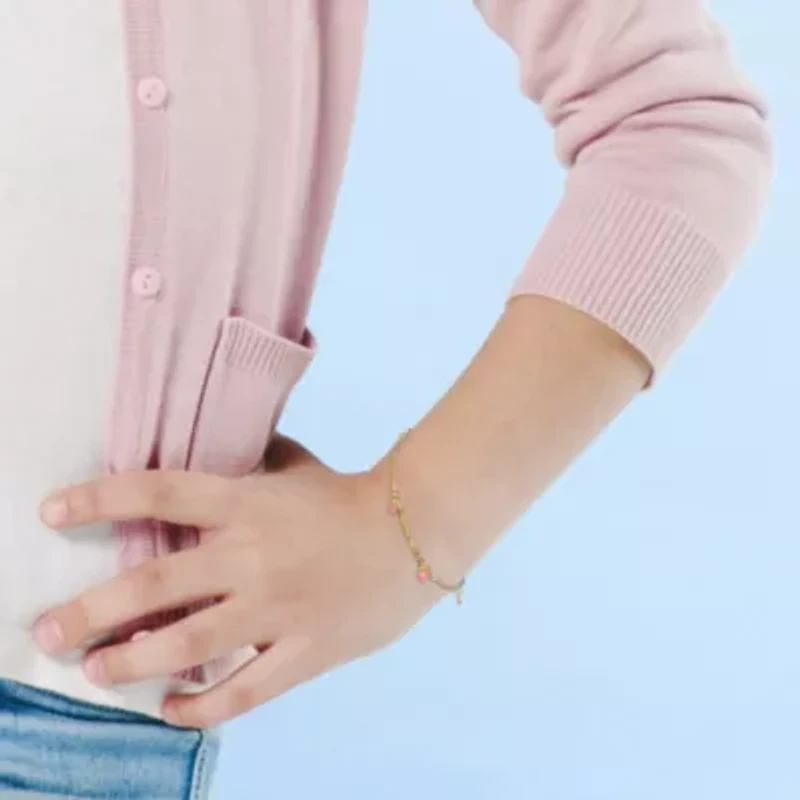 Kid's Pink Heart Charm Bracelet in 14K Yellow Gold - 6.5 + 0.5" Ext.