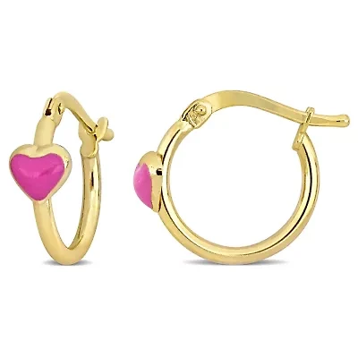 Kid's 15mm Pink Enamel Heart Hoop Earrings in 14K Yellow Gold