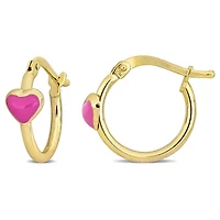 Kid's 15mm Pink Enamel Heart Hoop Earrings in 14K Yellow Gold