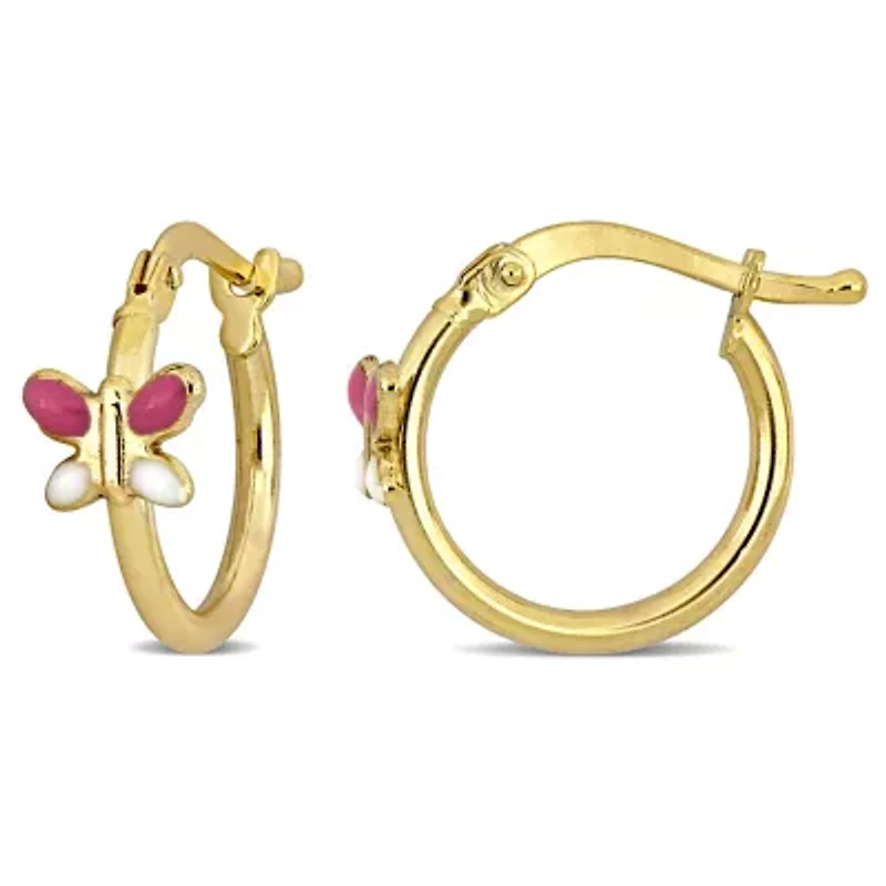 Kid's 15mm Pink & White Enamel Butterfly Hoop Earrings in 14K Yellow Gold