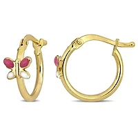 Kid's 15mm Pink & White Enamel Butterfly Hoop Earrings in 14K Yellow Gold