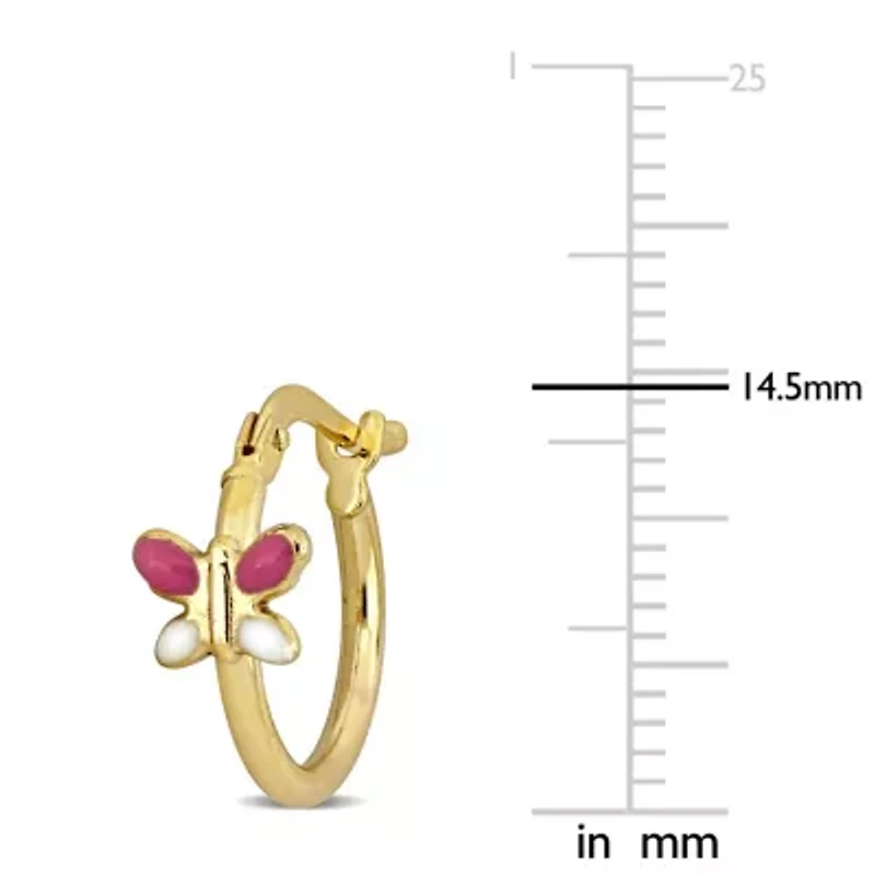 Kid's 15mm Pink & White Enamel Butterfly Hoop Earrings in 14K Yellow Gold