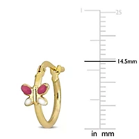 Kid's 15mm Pink & White Enamel Butterfly Hoop Earrings in 14K Yellow Gold