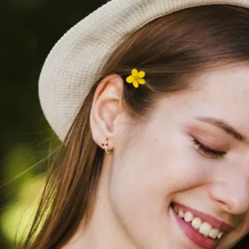 Kid's 15mm Pink & White Enamel Butterfly Hoop Earrings in 14K Yellow Gold