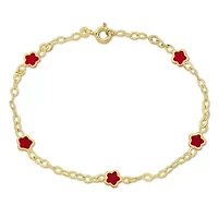 Kid's Pink Enamel Flower Charm Station Bracelet in 14K Yellow Gold - 7 in