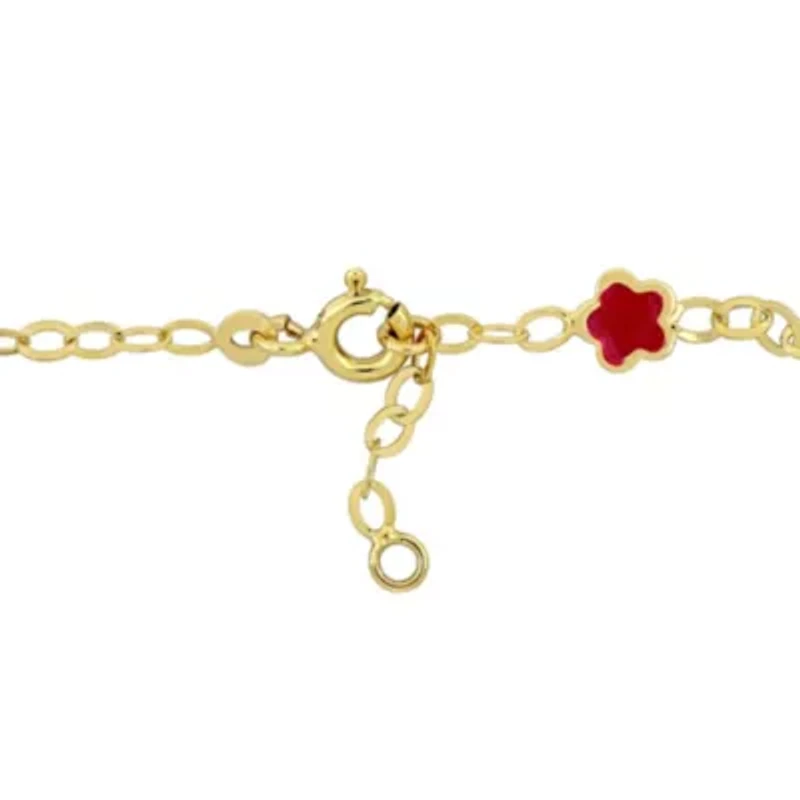 Kid's Pink Enamel Flower Charm Station Bracelet in 14K Yellow Gold - 7 in