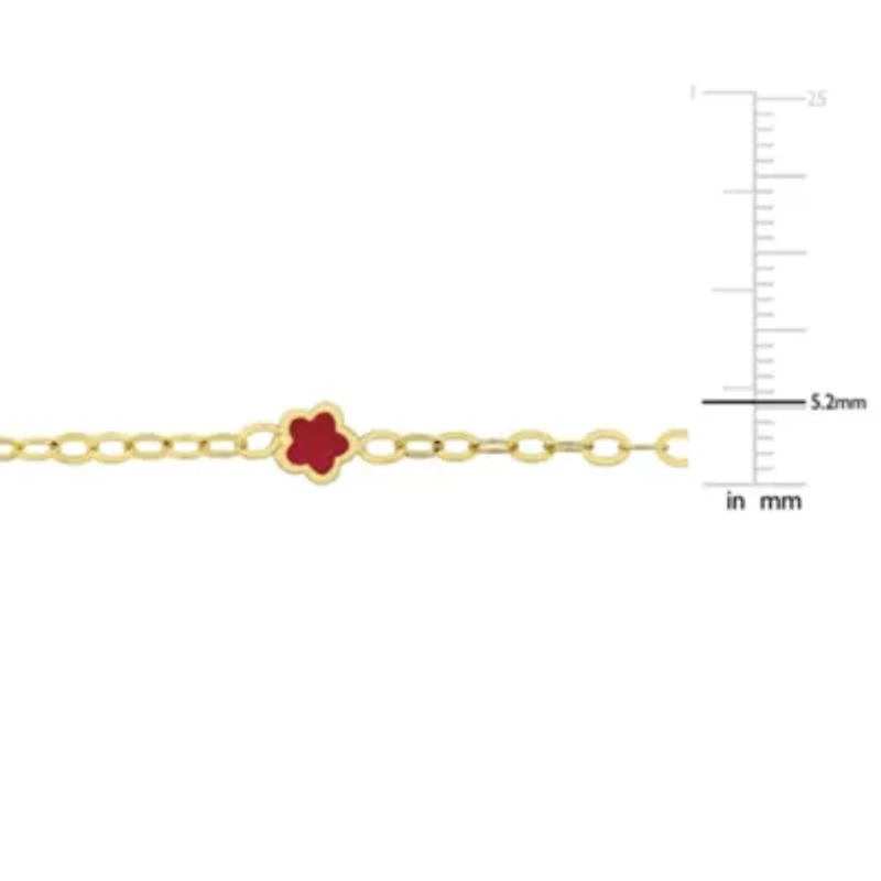 Kid's Pink Enamel Flower Charm Station Bracelet in 14K Yellow Gold - 7 in