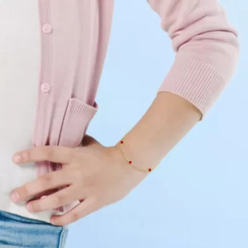 Kid's Pink Enamel Flower Charm Station Bracelet in 14K Yellow Gold - 7 in