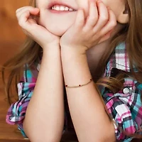 Kid's Pink Enamel Flower Charm Station Bracelet in 14K Yellow Gold - 7 in