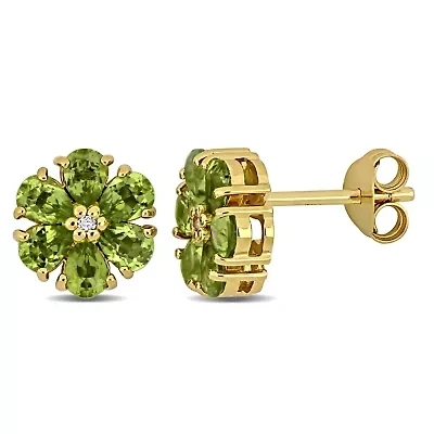 Peridot & White Topaz Flower Earrings in Yellow Plated Sterling Silver