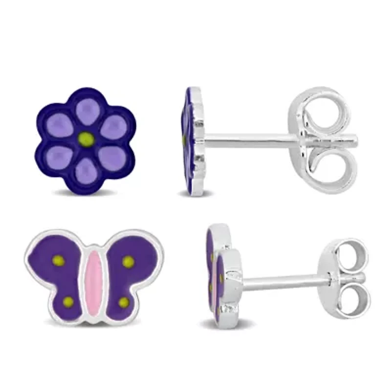Kid's 2-Piece Set Flower & Butterfly Enamel Earrings in Sterling Silver