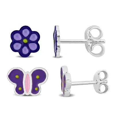 Kid's 2-Piece Set Flower & Butterfly Enamel Earrings in Sterling Silver
