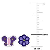 Kid's 2-Piece Set Flower & Butterfly Enamel Earrings in Sterling Silver