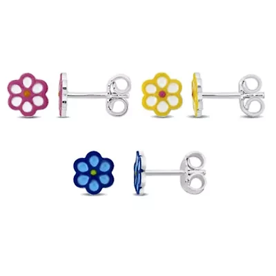 Kid's 3-Piece Set Flowers Enamel Earrings in Sterling Silver