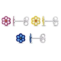 Kid's 3-Piece Set Flowers Enamel Earrings in Sterling Silver