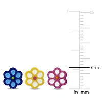 Kid's 3-Piece Set Flowers Enamel Earrings in Sterling Silver